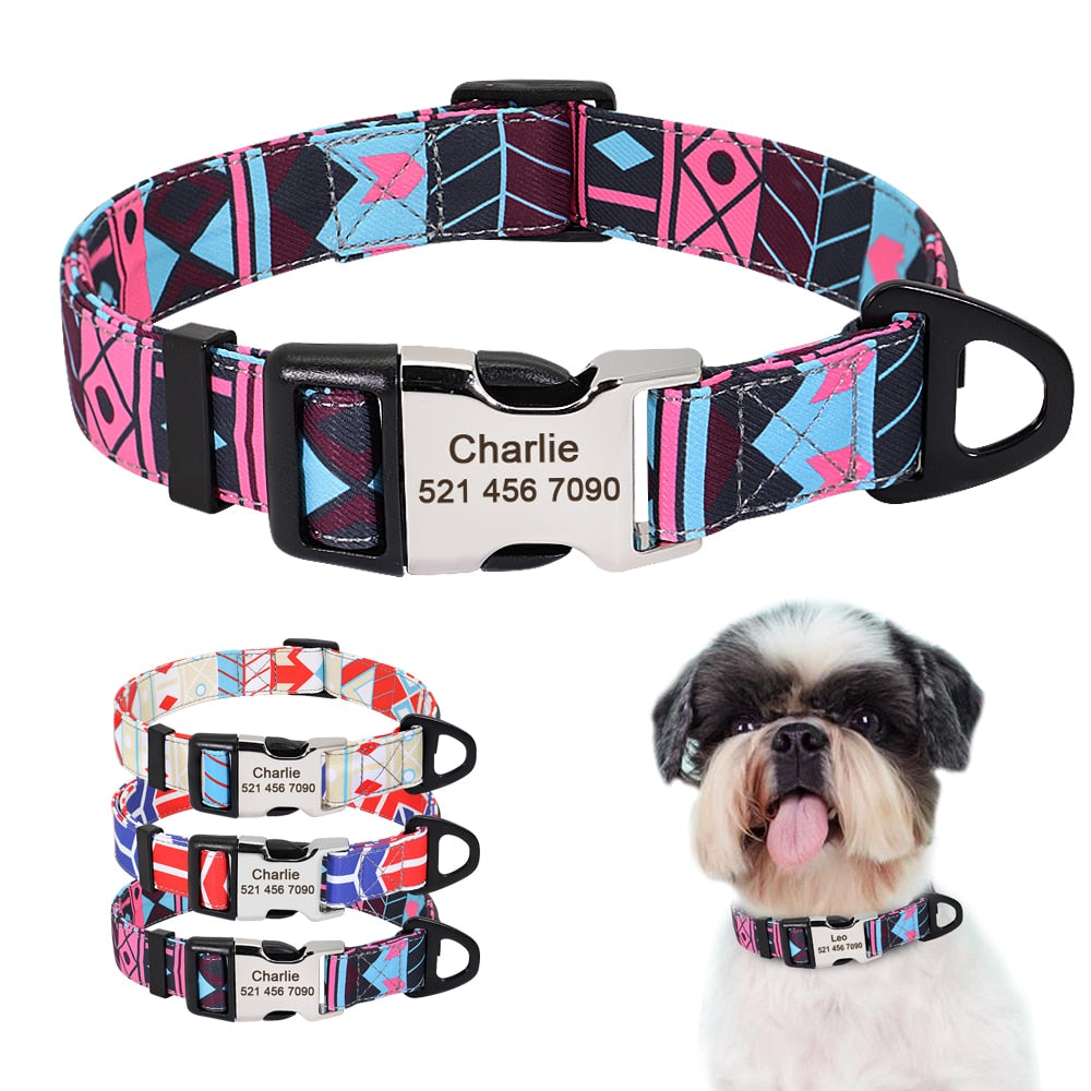 Personalized Dog Collar Nylon Print Dog Collars Customized Puppy Pet Collar Engraved Name ID for Small Medium Large Big Dogs Pug