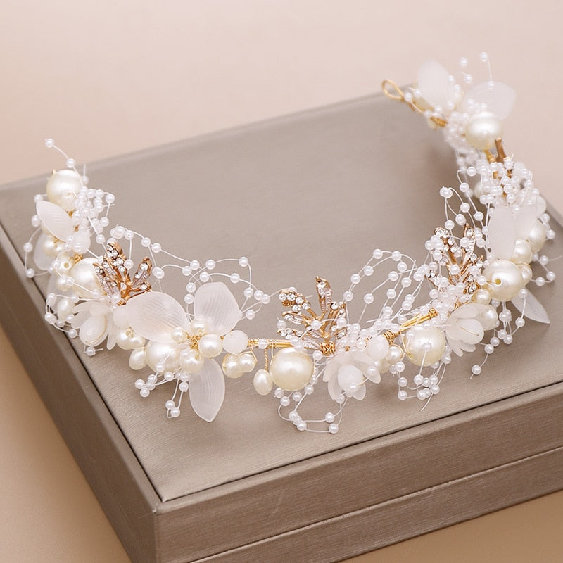 Luxurious Gold Pearl Rhinestone Hair Jewelry For Women Handmade Tiara Bridal Hair Bands Wedding Hair Accessories Gift Headpieces