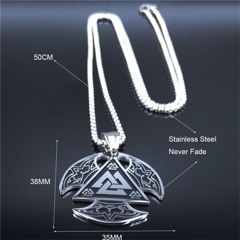 Norse Viking Valknut Necklace Stainless Steel Ax Pendant Necklace for Men Trinity Amulet Jewelry gargantilla N4022S02