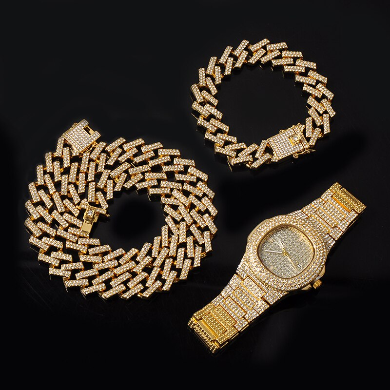 Hip Hop 15MM Necklace +Watch+Bracelet Bling Iced Out Miami Zircon Cuban Pave Rhinestone Men Bracelet Necklace For Men Jewelry