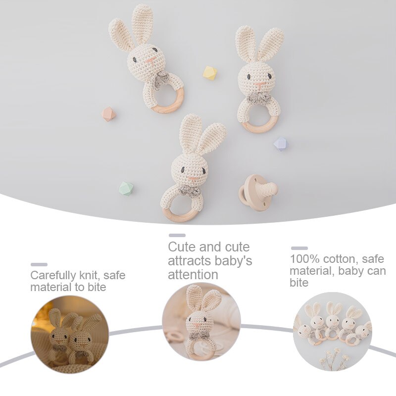 1pc Baby Music Teether Rattle Toy for Child Wooden Toys Cartoon Bunny Crochet Rattle Soother Bracelet Teether Set Baby Products