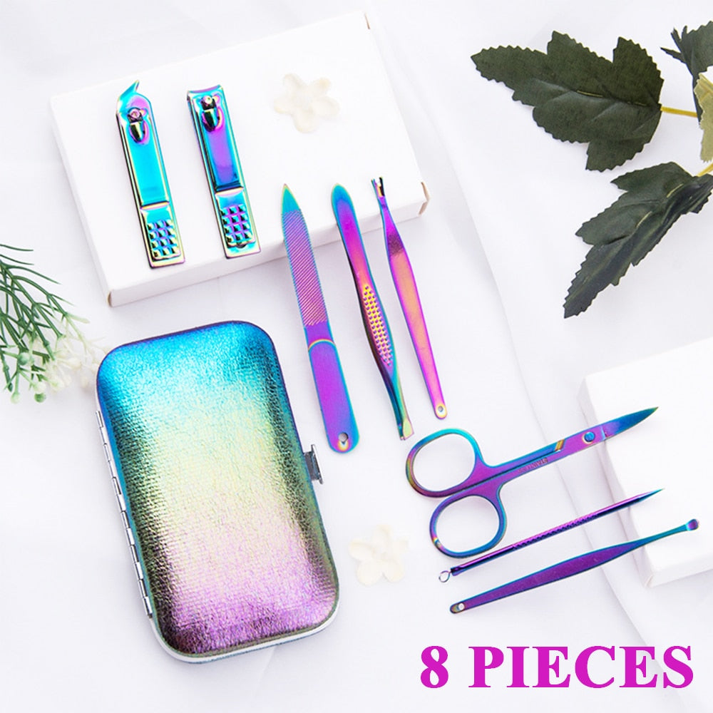 8/18 Pieces New Rainbow Manicure Kit Pedicure Professional Grooming Care Tools Nail File Nail Clippers With Leather Manicure Set