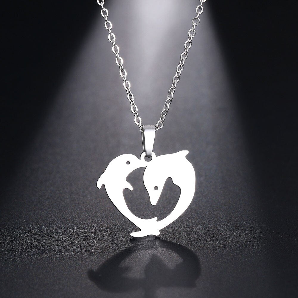 DOTIFI  Stainless Steel Necklace For Women Man Playful Couple Dolphin Pendant Necklace Engagement Jewelry