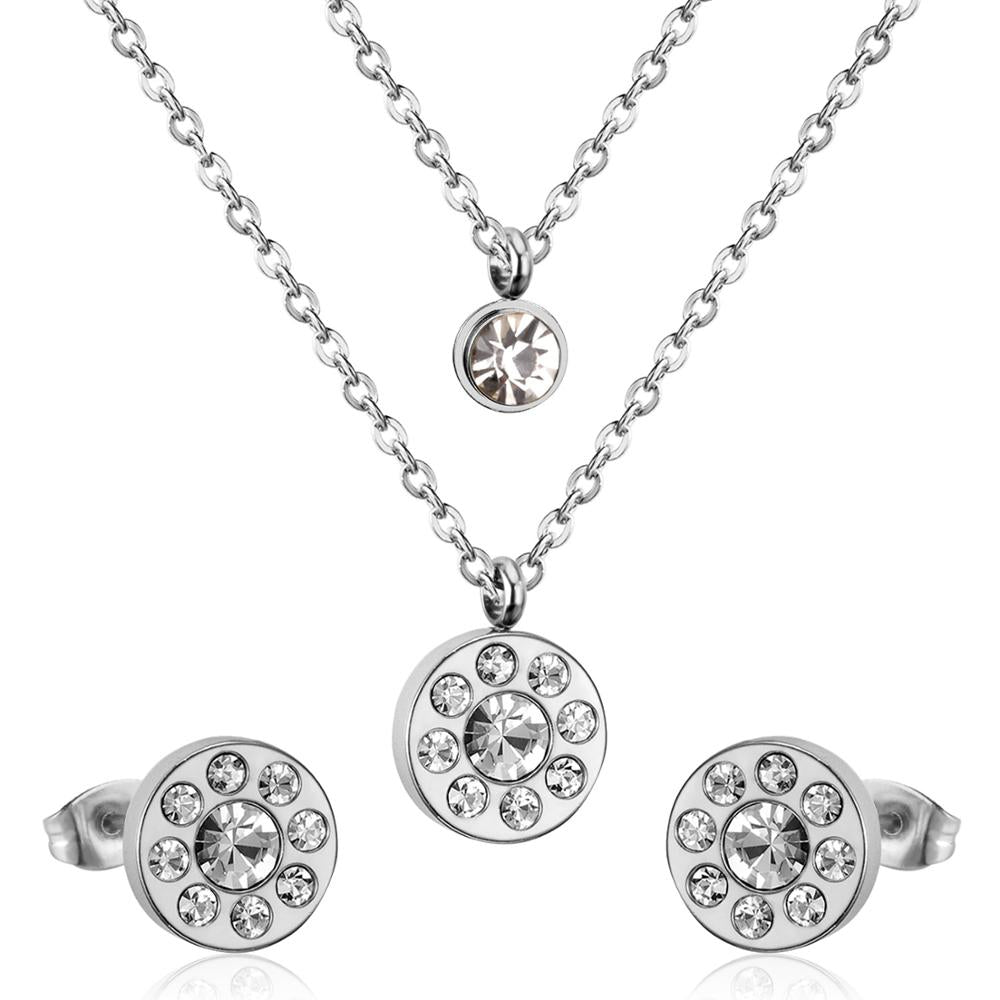 Stainless Steel Crystal Jewelry Set for Women and Girls: Luxury Double Round Pendant Necklace and Earrings.