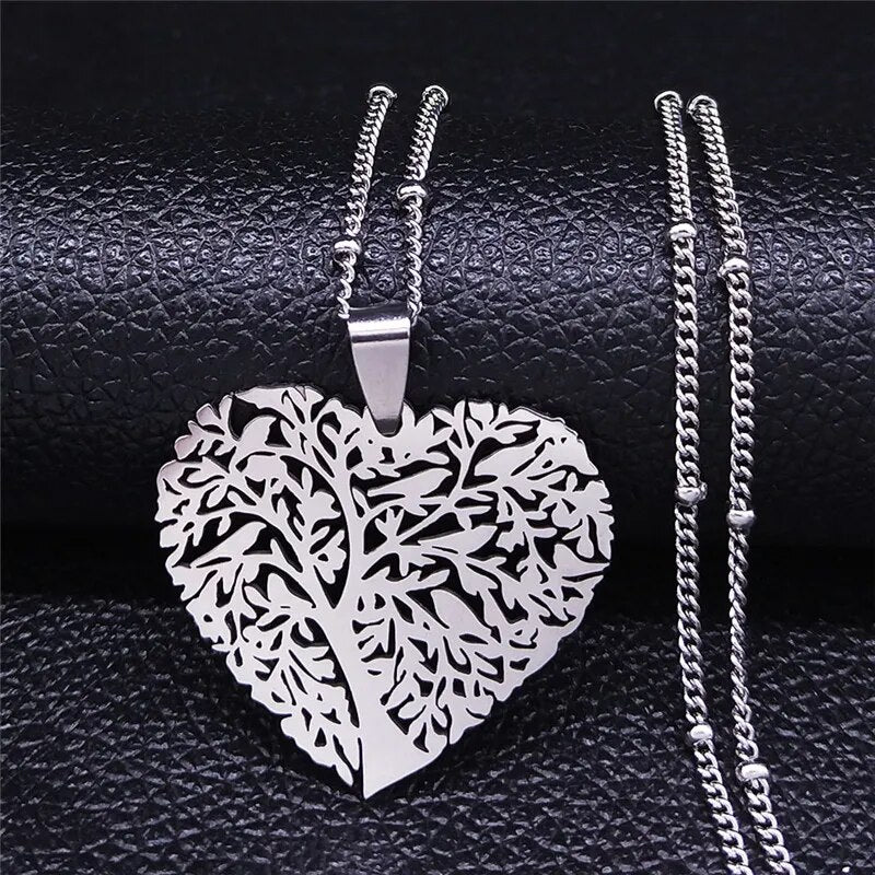 Fashion Heart Tree of Life Stainless Steel Statement Necklace for Women Silver Color Necklaces Jewelry collares  N4205S01