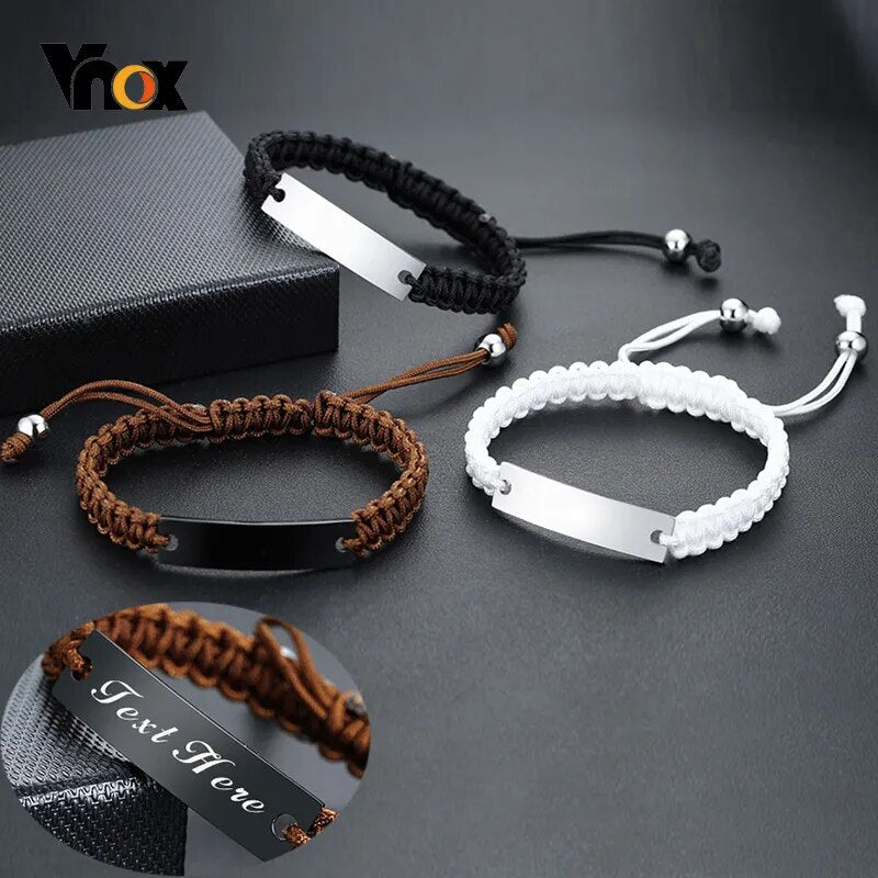 Vnox Casual Men's Braided Rope Chain Bracelets with Personalized Name Date Initial Quote Custom Engrave Length Adjustable