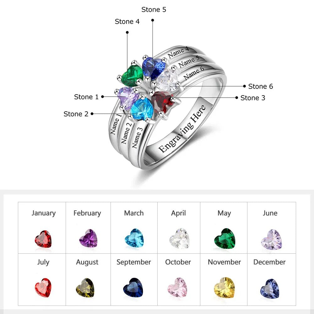 925 Sterling Silver Personalize Mothers Day Ring with 2-8 Birthstone Custom Kids Name Engagement Promise Rings for Women Grandma