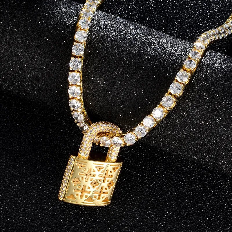 Hip Hop Bling Lock Iced Out Bling Cubic Zircon Necklace & Pendant For Men Jewelry Charm Tennis Chain