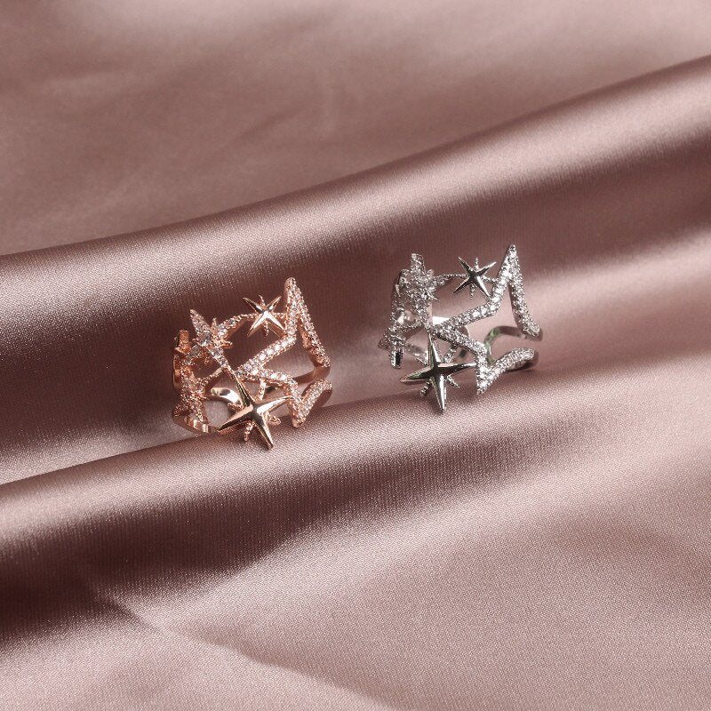 Korean new design fashion jewelry copper inlaid zircon light luxury opening hollow five-pointed star female party star prom ring