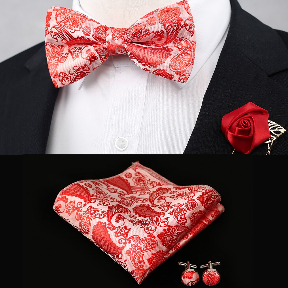 New Silk Flower Business Bowtie Men Vintage Purple Red Black Gold Royal Blue Wedding Bow Ties Pocket Square Handkerchief Set