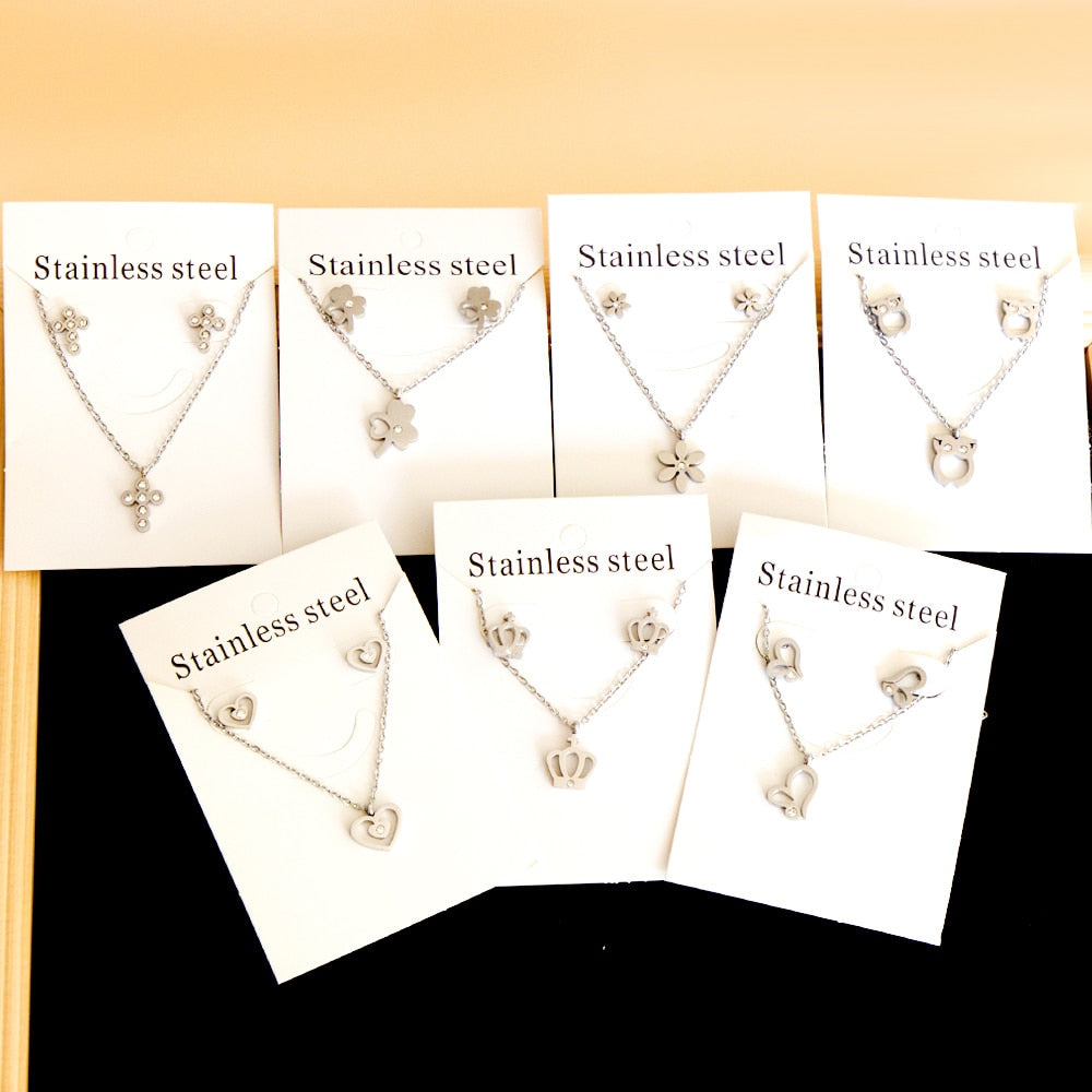 LUXUKISSKIDS Chic Elegant Heart Indian Fine Jewelry Sets Women Wedding Crown Steel Necklace And Earring bijoux Bulk Wholesale