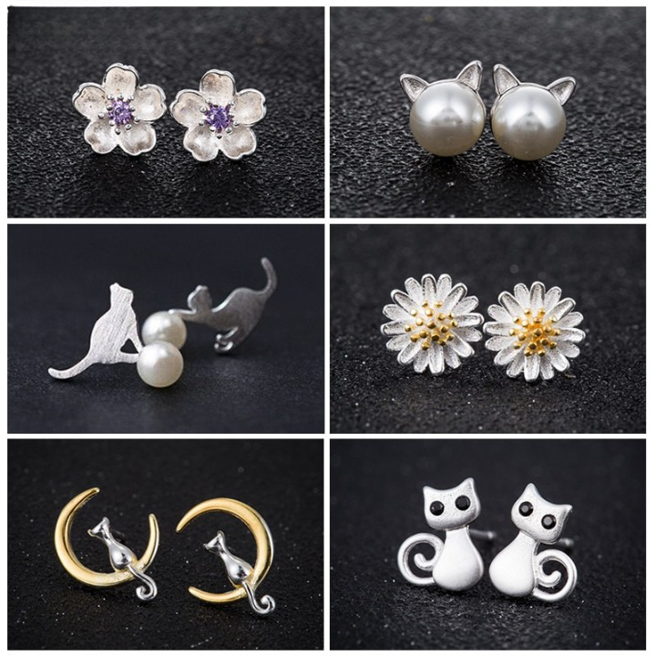 Korean Style Cat Moon Stud Earrings Elegant Flower Earring For Women Party Wedding Jewelry Accessory.