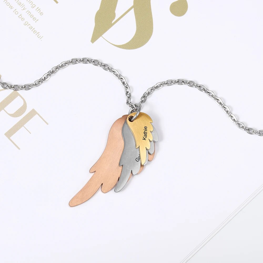 Personalized Wings Necklace with 3 Names Mixed Steel &amp; Rose Gold &amp; Gold Color Custom Family Engraved Necklace(JewelOra NE103785)