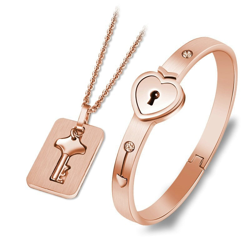 A Couple Lovers Jewelry Love Heart Lock Bracelet Stainless Steel Bracelets Bangles Key Pendant Necklace Jewelry