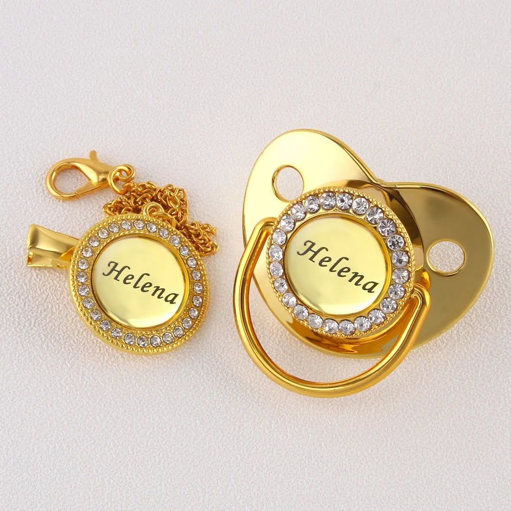 Personlaized Name Golden Bling Pacifier and Clip for 0-18 Months | BPA-Free, Personalized with Any Name | Luxury Baby Pacifier for Baby Shower Gift.