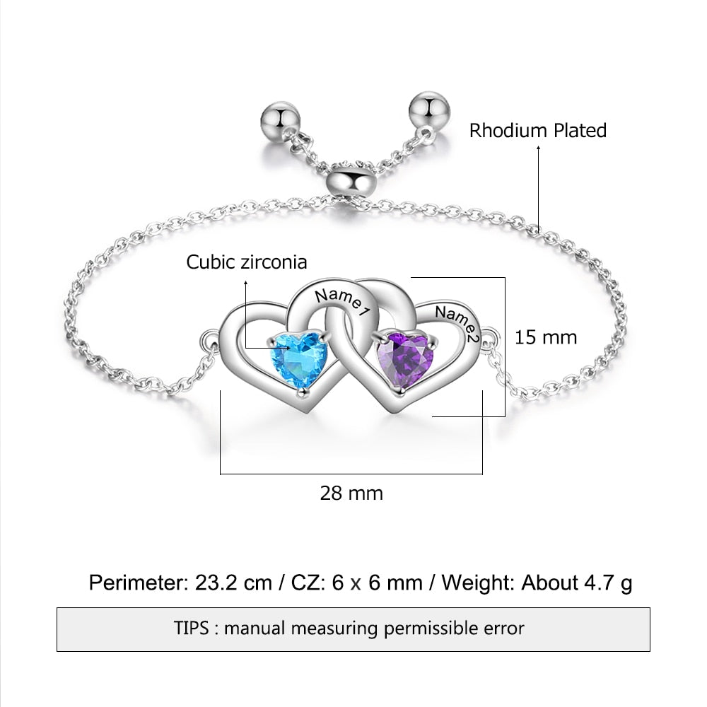 JewelOra Customized 2 Birthstones Adjustable Chain Bracelet Personalized Intertwined Hearts Engraved Name Bracelets for Women