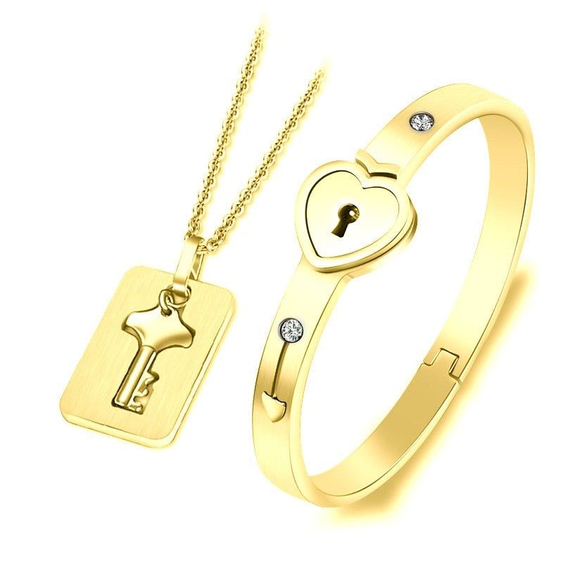 Fashion Concentric Lock Key Titanium Steel Stainless Steel Jewelry Bracelet Necklace Couple Sets