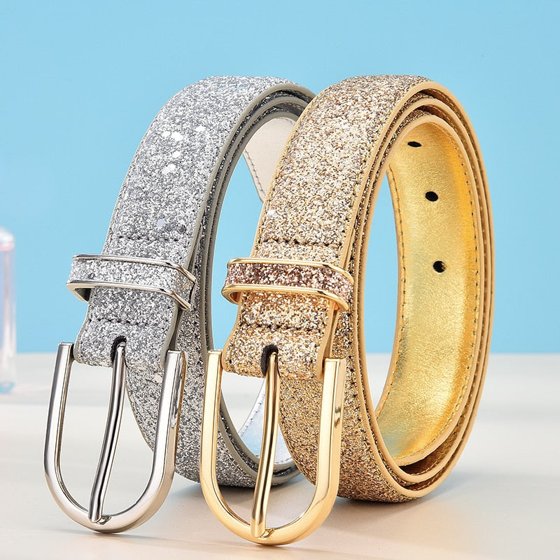 Fashion Women Glitter Gold Belt Female Silver Pu Waist Belt High Quality Cummerbund Ceinture Femme