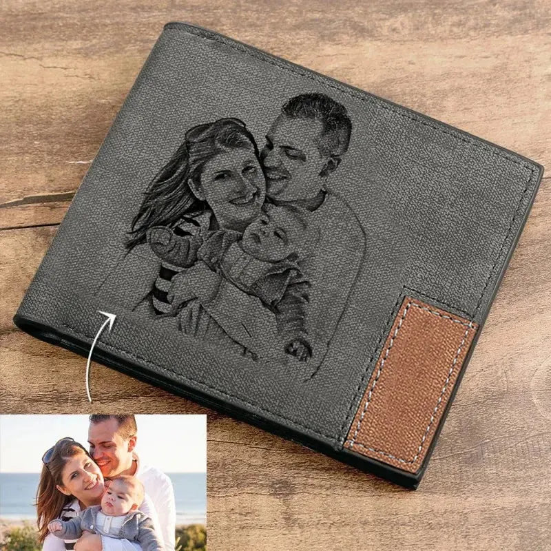 Men&#39;s Engraving Custom Inscription Photo Engraved Wallet Short wallet purse Custom postcard wallets engraved leather wallets