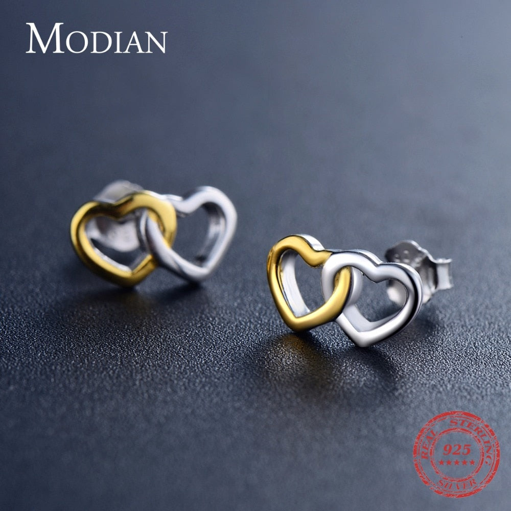 Modian New Authentic 100% 925 Sterling Silver Ring &amp; Stud Earrings Fashion Double Hearts Gold White Color Wedding Jewelry Set