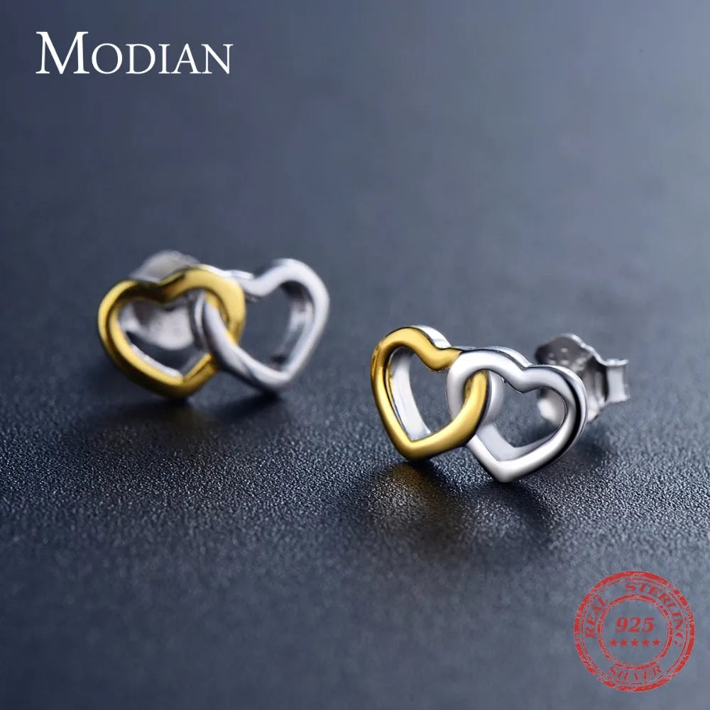 Modian New Authentic 100% 925 Sterling Silver Ring &amp; Stud Earrings Fashion Double Hearts Gold White Color Wedding Jewelry Set