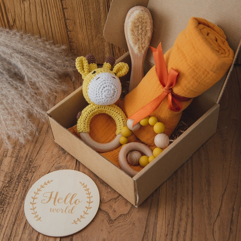 One Set Baby Bath Toy Set Baby Bath Towel Wooden Rattle Bracelet Crochet Rattles Toys Infant Bath Products Newborn Bed Bell