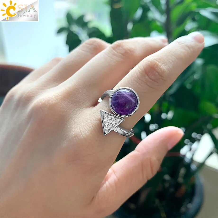 CSJA Natural Stones Open Rings Healing Crystal Triangle Pave Inlaid Zircon Adjustable Finger Ring for Women Fashion Jewelry G550