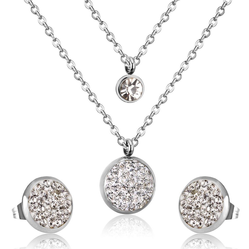 Stainless Steel Crystal Jewelry Set for Women and Girls: Luxury Double Round Pendant Necklace and Earrings.