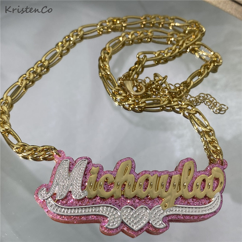 Collar doble chapado en oro con nombre personalizado, colgante de acrílico personalizado, nueva moda