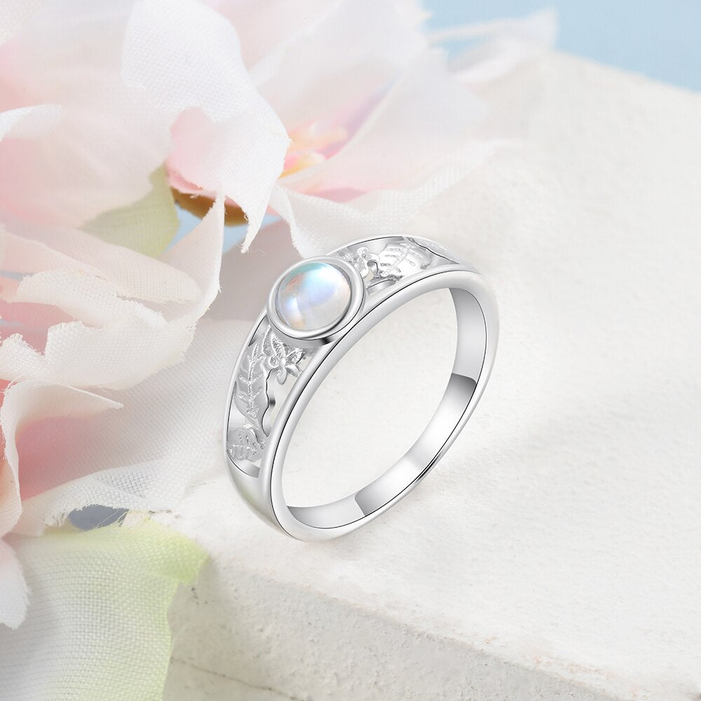 Delicate 925 Sterling Silver Moonstone Rings for Women Hollow Pattern Ring Wedding Band Gift Silver 925 Jewelry (Lam Hub Fong)