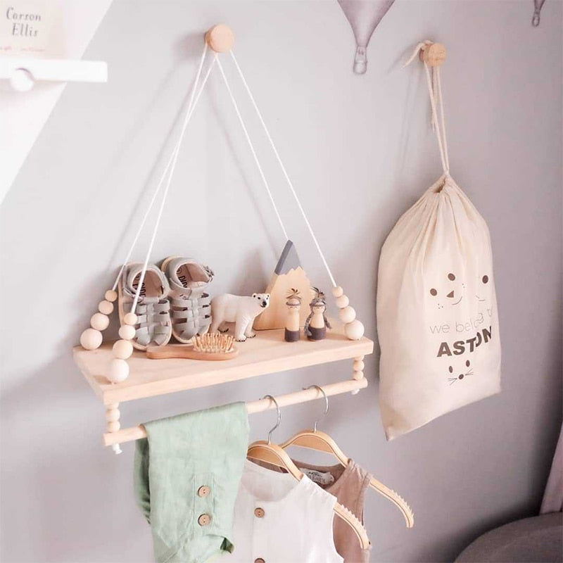 Handcrafted Shelf Kids Room Hanging Bead Shelf Nordic Style Nursery Decoration Wall Shelves Girls Clothes Storage Hanging Rack