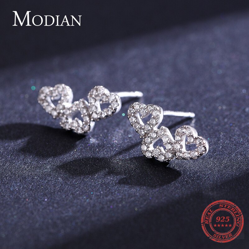 Modian 925 Sterling Silver Romantic Heart to Heart Ears Stud Earrings for Women Wedding Engagement Jewelry Valentine's Day Gifts
