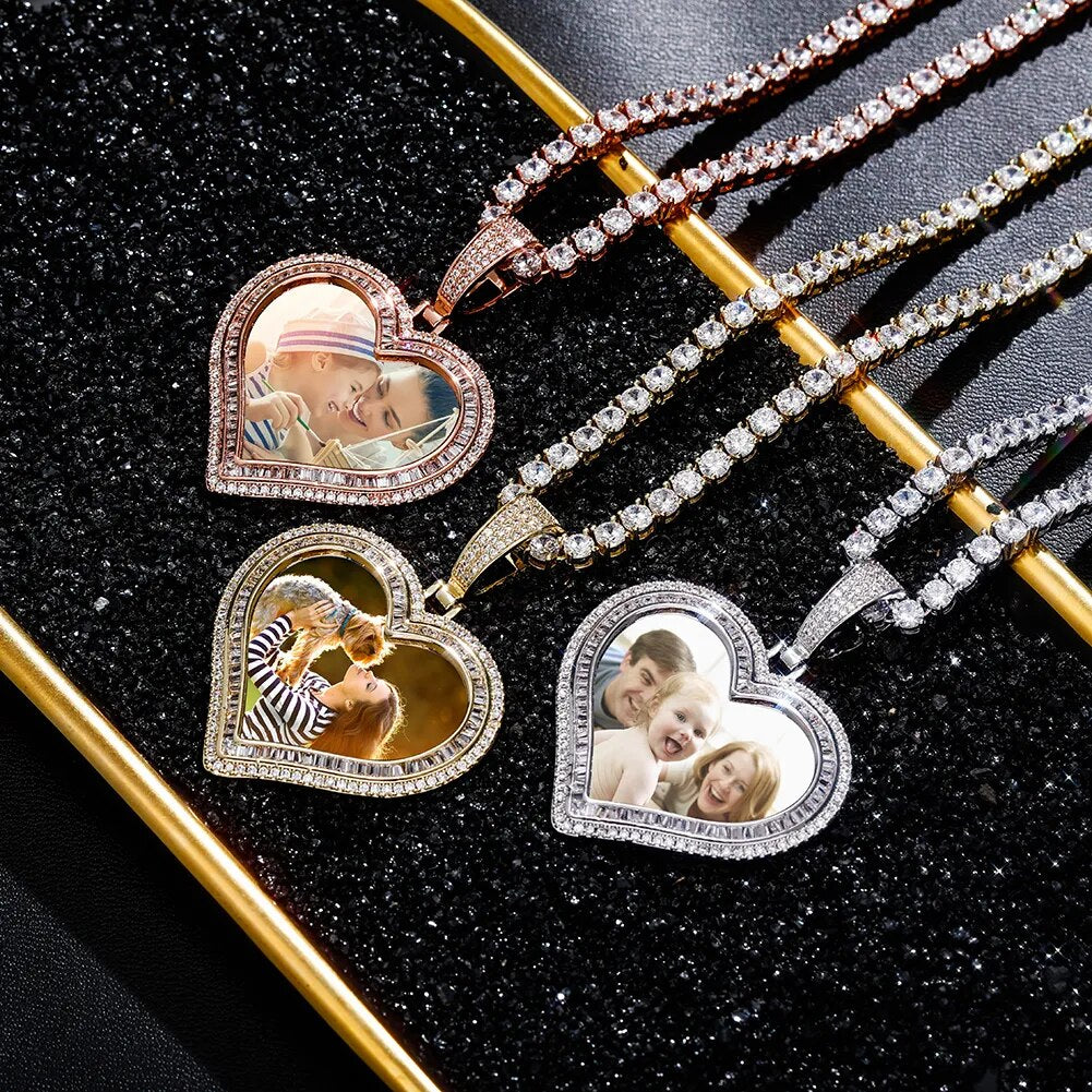 TOPGRILLZ Custom Photo Pendant Heart-shaped Medal Pendant Necklace Iced Cubic Zirconia Pendant Hip Hop Fashion Jewelry For Men