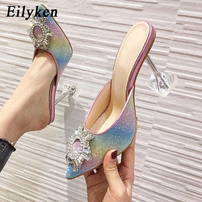 Eilyken Rhinestone Women Pumps Sandals Elegant Pointed Toe High Heels Shoes Bling Crystal Perspex Spike Heeled Mule shoes