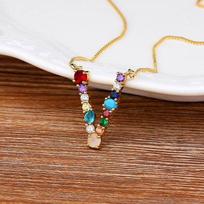 AIBEF Rainbow Initial Copper CZ Necklace Statement 26 Letter Pendants Women Accessories Gold Color Chain Name Necklace Jewelry