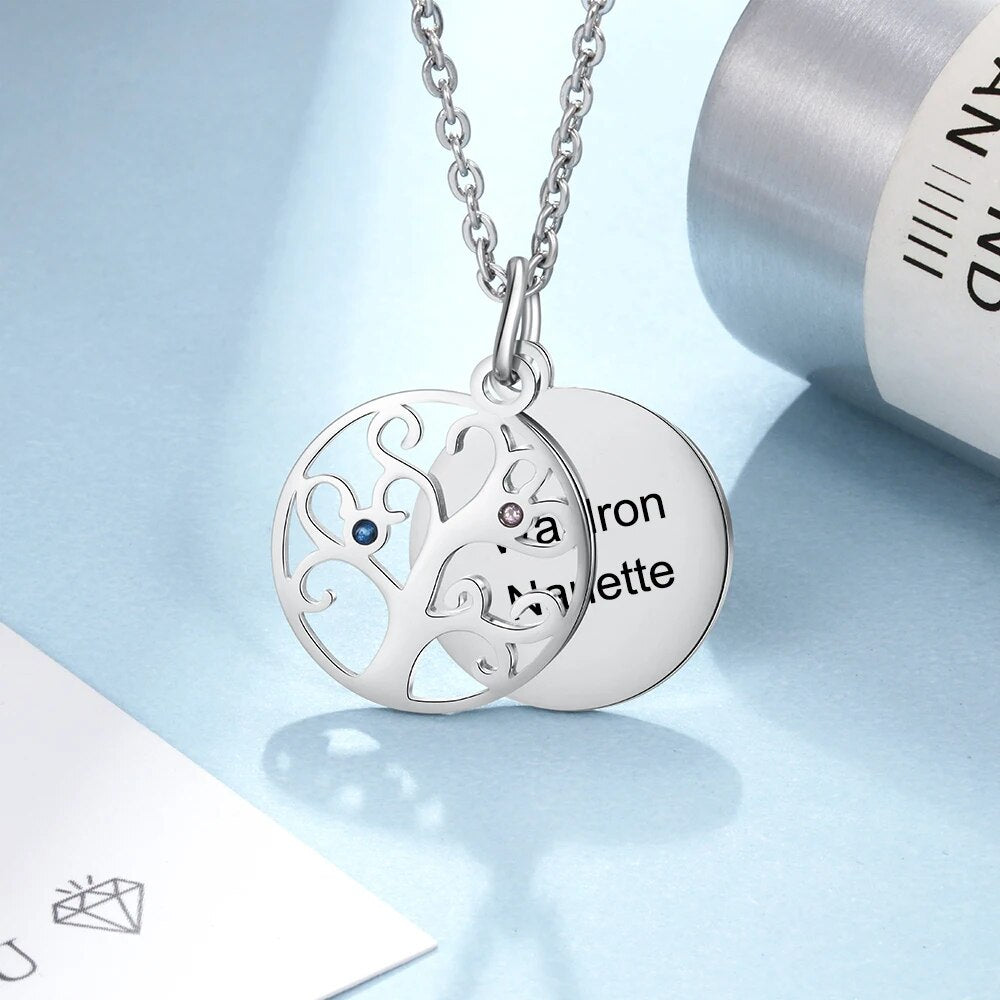 JewelOra Personalized Filigree Family Tree Pendant Necklace with Birthstones Women Custom Name Engraved Tree of Life Necklaces