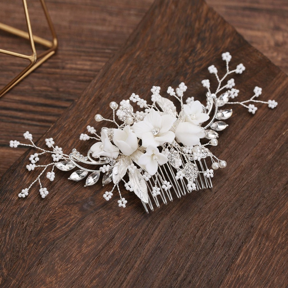 White Flower Rhinestone Pearl Hair Comb Bridal Hair Accessories Elegant Wedding Hair Comb Women Head Ornaments Headband