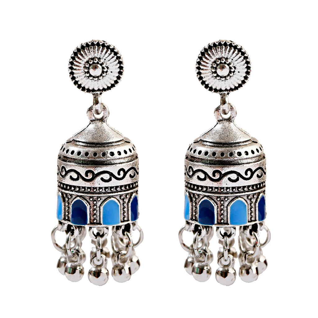 Ethnic Hollow Flower Turkish Jhumka Earrings For Women Vintage Indian Jewelry Silver Color Bell Tassel Dangling Earrings