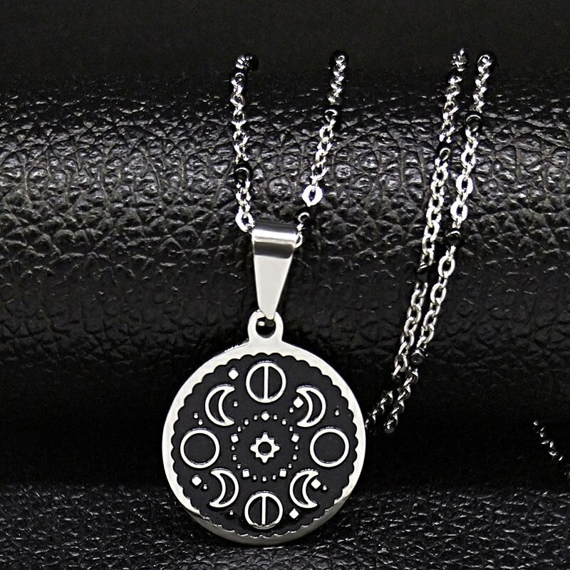 Fashion Lunar Cycle Moon Phase Stainless Steel Black Enamel Pendant Necklace Round Galaxy Necklace For Women Men Jewelry N1850S2