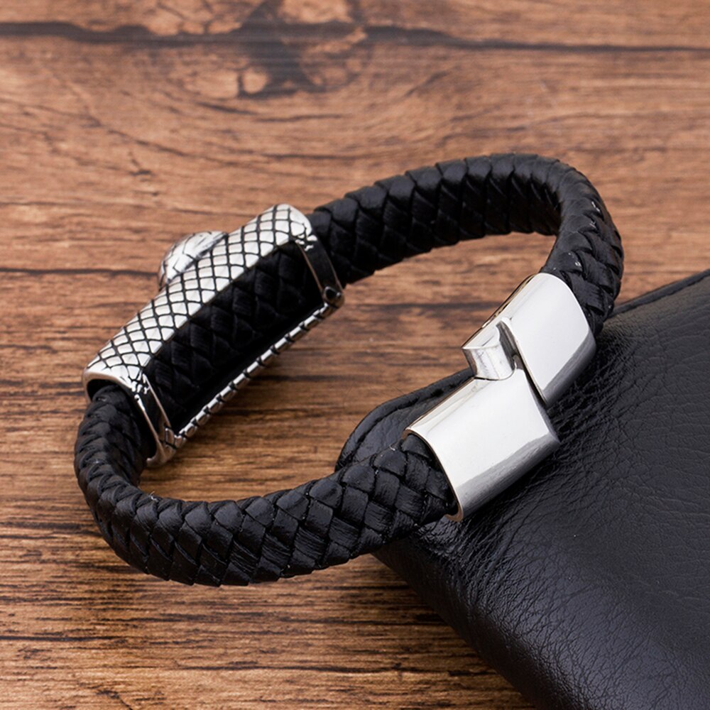 TYO Charm Black Genuine Leather Punk Rock Rope Animal Snake Bracelet Men Jewelry Magnetic Stainless Steel Braided Accessories