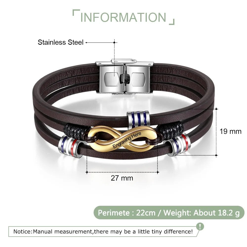 JewelOra Customized 3-Layers Brown Leather Bracelets for Men Personalized Engraving Name Infinity Wristband Bracelets