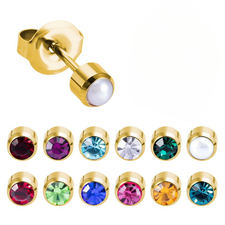 Birthstone CZ Ear Stud Earrings in Two Pieces with Gold Plated Steel or Stainless Steel Backs.