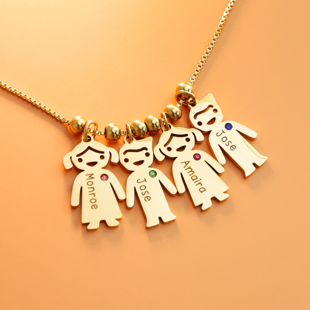 Personalized Family 1-8 Kids Charms Name Engraved Necklace with Birthstone.  Custom Names Necklace Custom Birthstone. Cute Kids Pendants Necklace