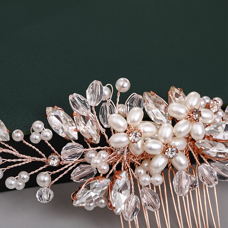 Fashion Rose Gold Wedding Hair Comb Flower Tiara Handmade Pearl Rhinestone Headdress Prom Bridal Hair Jewelr Accessories