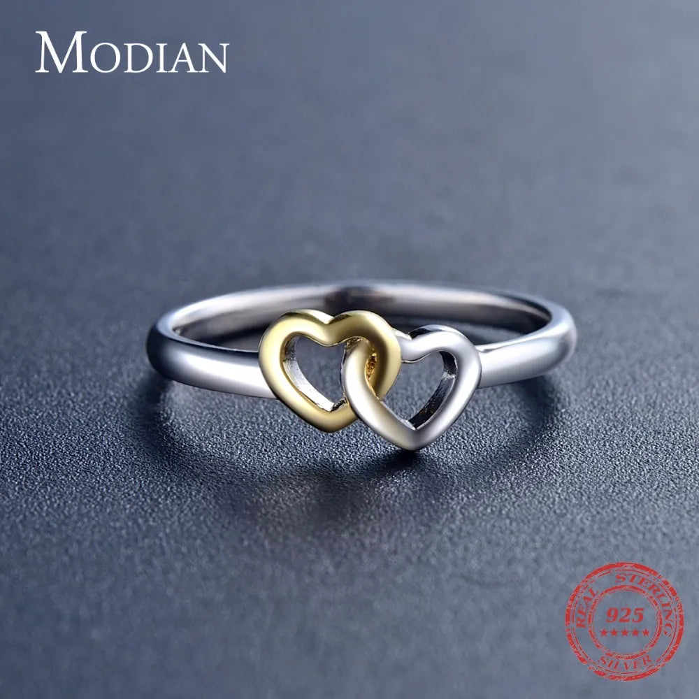 Modian New Authentic 100% 925 Sterling Silver Ring &amp; Stud Earrings Fashion Double Hearts Gold White Color Wedding Jewelry Set