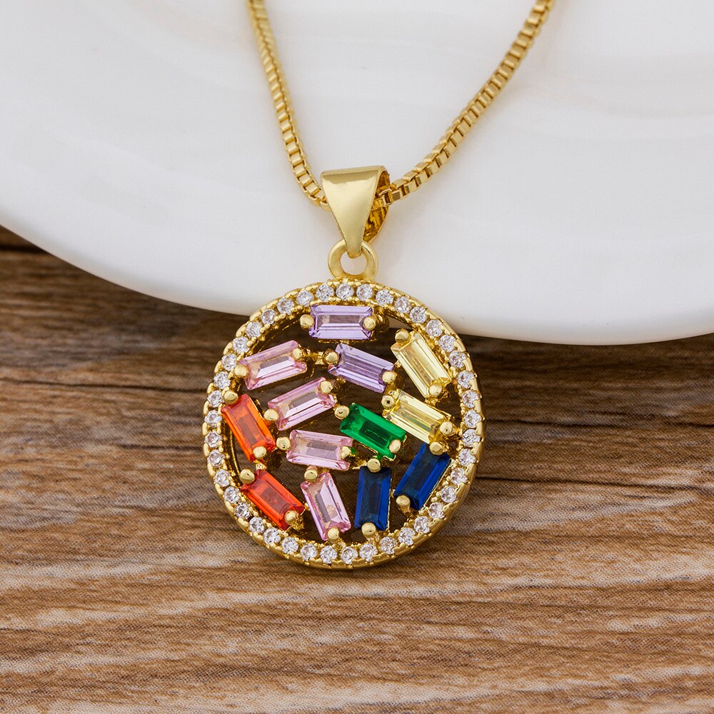 Nidin New Trendy CZ Rainbow Necklace Woman Long Chain Zirconia Necklace Natural Stone Jewelry Collar Pendant Necklace For Women