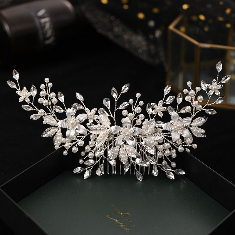 Handmade Silver Color Flower Hair Comb Pearl Rhinestone Flower Hair Accessories For Women Bride Wedding Accessories Tiara