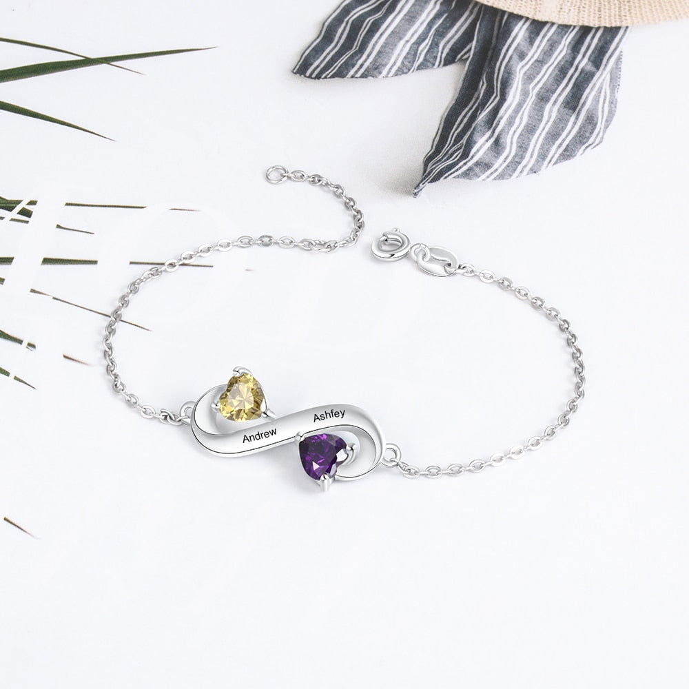 Personalized Infinity Bracelet with Heart Birthstone Custom 2 Names Engraved Bracelets Gift for Best friend (JewelOra BA102564)