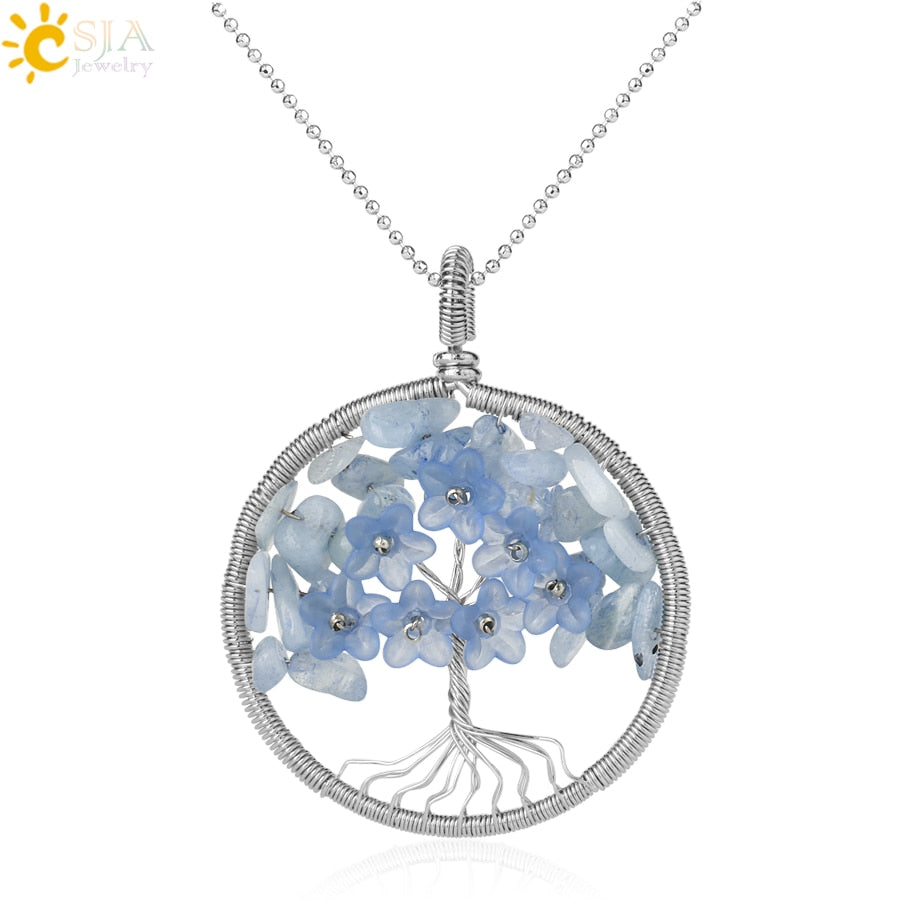 CSJA's Silver-Colored Tree of Life Pendant Necklace with Natural Stone - Wire-Wrapped Quartz Crystal Chip Bead Flower - Reiki Jewelry for Women - Model G306