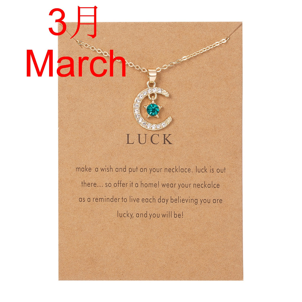 Moon Star Crystal Birthstone Pendant Necklace For Women Choker Mom Birthday Jewelry Gift Gold Color Clavicle Chain Wish Card.